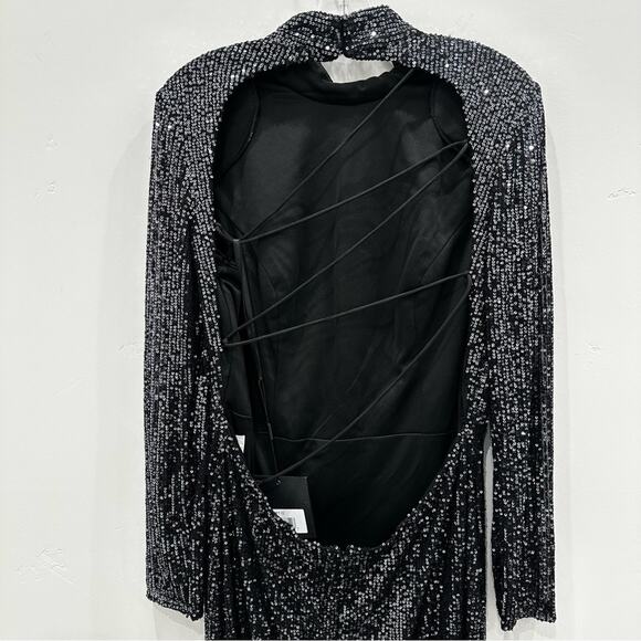 NWT Leena Mac Duggal Metallic Sequin High Neck Long Sleeve Gown. Graphite - Picture 9 of 11